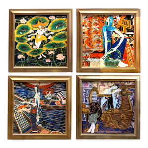 Set of 4 Vintage Vietnamese Lacquer Enamel Cloisonne Sơn Mài Paintings in the Style of Ting Shao Kuang