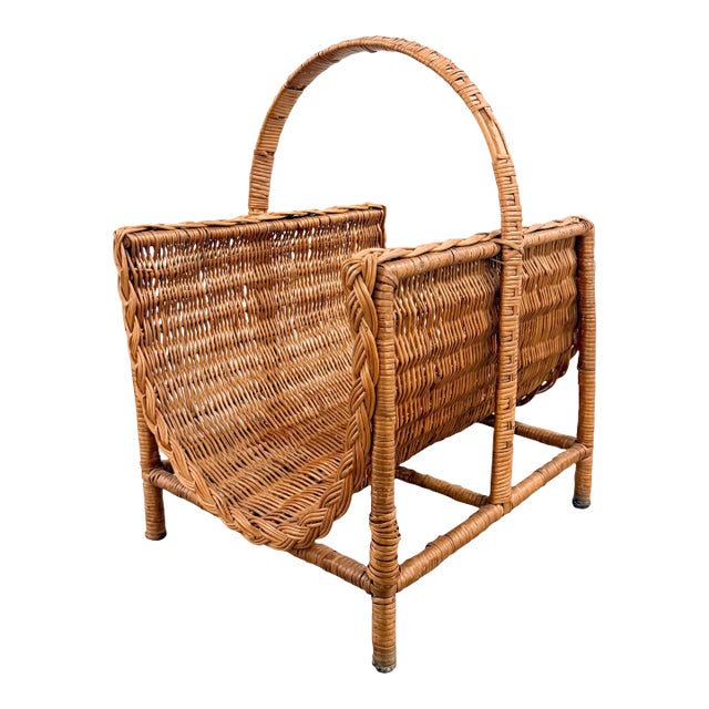 Vintage Wicker Footed Basket With Braided Edge Firewood and Magazine For Sale