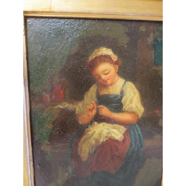 Paint Victorian Painting of a Young Girl Sewing Mid 19th For Sale - Image 7 of 7