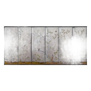 Silver Leaf Chinoiserie Hand-Painted Floral & Bird Wall Panels (Set of 6) For Sale