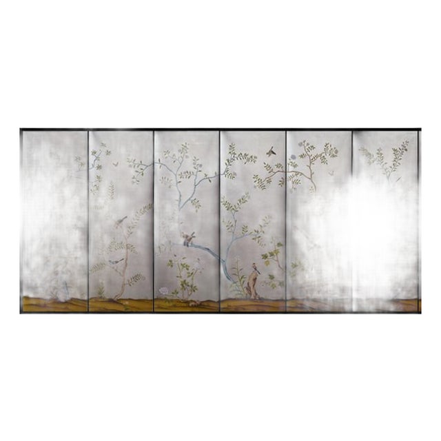 Silver Leaf Chinoiserie Hand-Painted Floral & Bird Wall Panels (Set of 6) For Sale