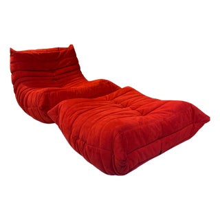 Set of Red Alcantara Togo Fireside Chair & Ottoman by Michel Ducaroy for Ligne Roset For Sale