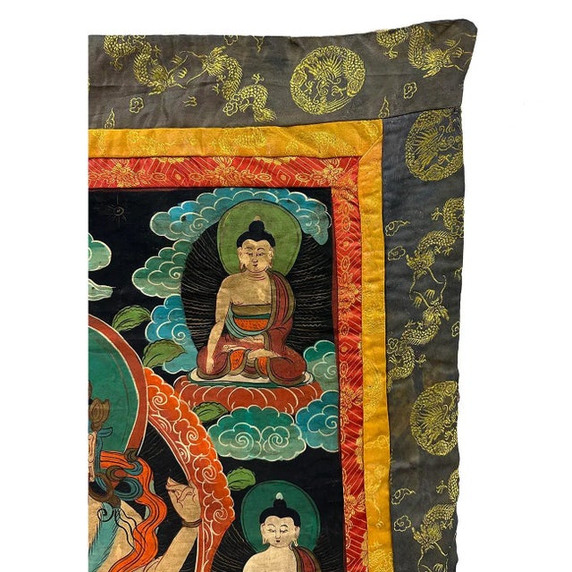 19th Century Antique Tibetan Hand Painted Buddhist Thangka For Sale - Image 4 of 10