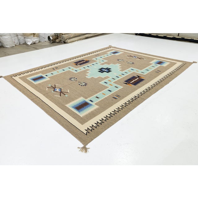 Native American Modern Navajo-Style Handmade Wool Area Rug - Geometric Turquoise & Earth Tones For Sale - Image 3 of 11