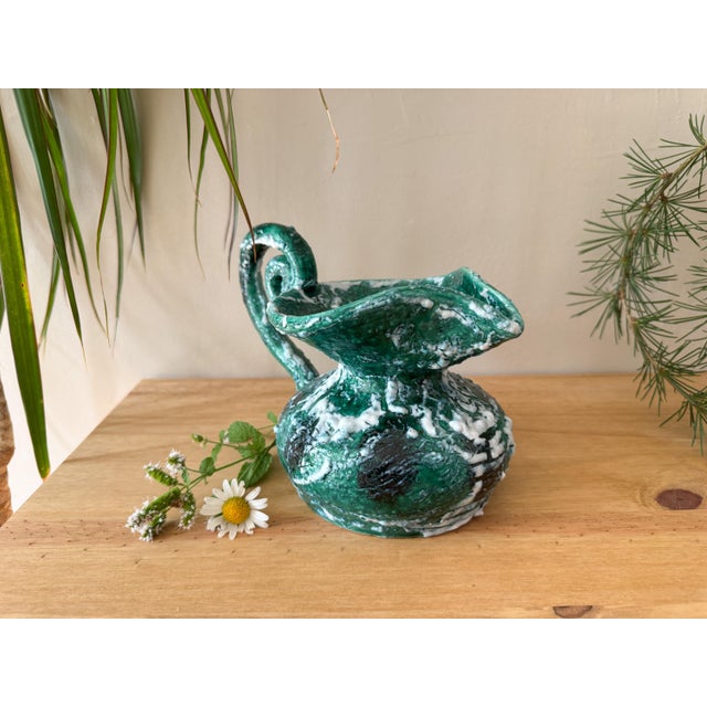 Vintage Sculptural Green Lava Glaze Ceramic Ewer With Scroll Handle For Sale - Image 4 of 18