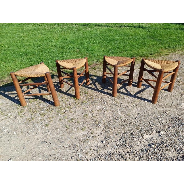 Vintage Triangular Tripod Wood and Straw Stools, 1950, Set of 4 For Sale - Image 9 of 9