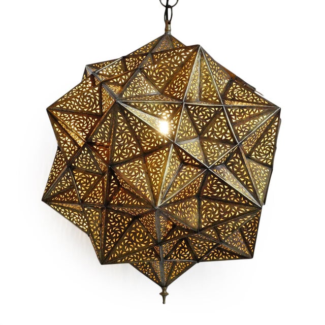 Vintage Brass Indian Origami Star Pendant Light Medium For Sale - Image 4 of 9