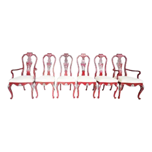 Vintage Chinoiserie Red Silver Leafed Dining Chairs, Set of 6