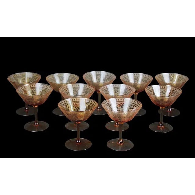 Cambridge , Ohio 39 Antique Amber Etched Glass Stem Glassware.Circa 1920 For Sale - Image 10 of 12