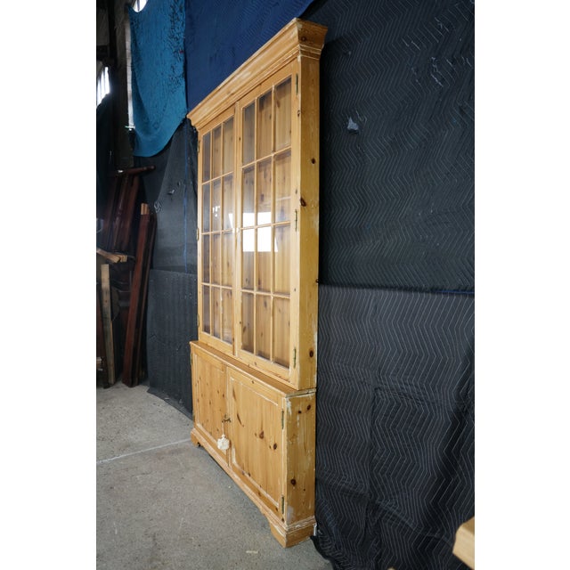Late 20th Century Rare English Knotty Pine Shallow Glazed Glass China Display Cabinet Cupboard 95" For Sale - Image 16 of 18