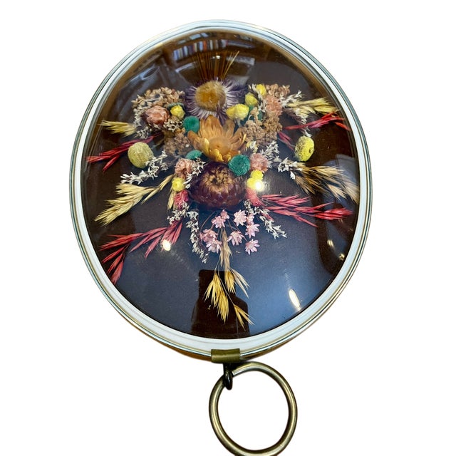 Brown Pair of Vintage Oval Cideart Belgium Dried Floral Arrangements in a Convex Glass Dome Frames For Sale - Image 8 of 18