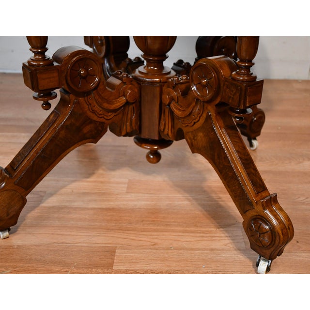 1880s Antique Victorian Renaissance Revival Walnut & Marble Top Center Table For Sale - Image 10 of 18
