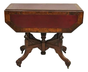 Antique Eastlake Victorian Leather Top Walnut Dropleaf Parlor Game Table