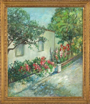 Mid 20th Century "Carmel Cottage With Flowers" Landscape Oil Painting by Helen Enoch Gleiforst, Framed