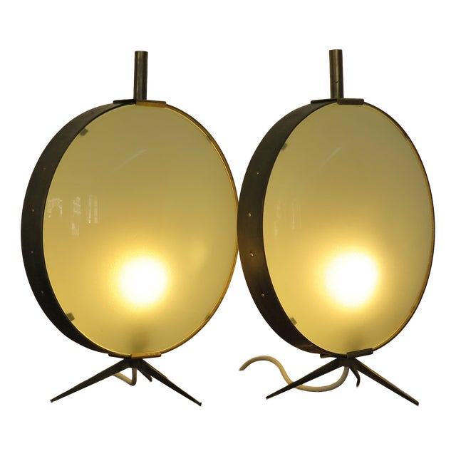 French Glass and Brass Table Lamps, 1950s, Set of 2 For Sale