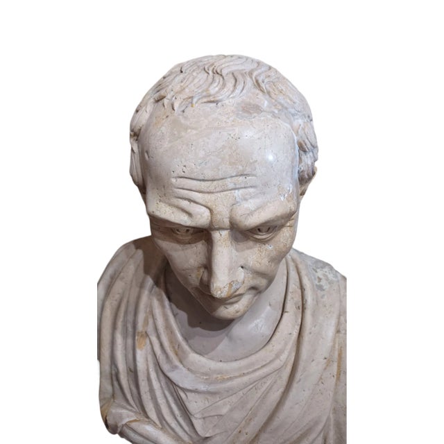 Boho Chic Vintage Monumental Marble Ceasar Bust Sculpture For Sale - Image 3 of 5