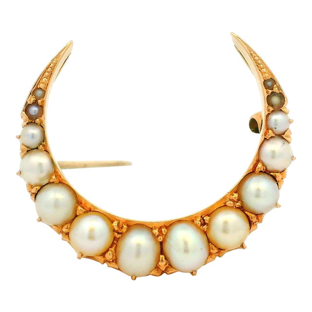 Antique Victorian 15k Gold Pearl Crescent Moon Brooch For Sale