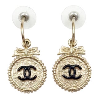 Chanel Black CC Gold Ribbon Button Large Hoop Earrings, A Pair For Sale