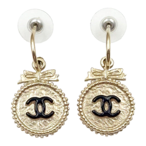 Chanel Black CC Gold Ribbon Button Large Hoop Earrings, A Pair