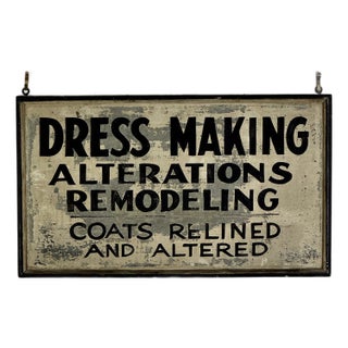 Early 20th Century Seamstress Tin in Wood Frame Trade Sign "Dress Making Alteration Remodeling..." For Sale