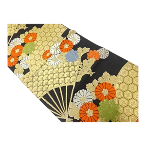 Mid Century Japanese Kimono Antique Fukuro Obi Silk Brocade Hand Woven Fan Kiku Chrysanthemum Flower