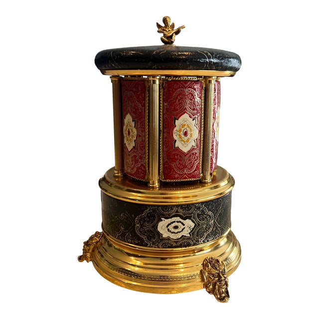 1940s Mid-Century Italian Reuge Ballerina Leather Lipstick Musical Carousel Music Box For Sale