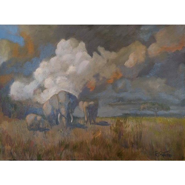 "Majestic Elephants in the Savannah" – Oil on Canvas by Paul Scaturro (b.1961) For Sale