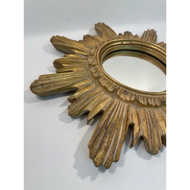 1960s Vintage 16.5" Mid Century Creamy Giltwood Sunburst Wall Mirror For Sale - Image 5 of 16