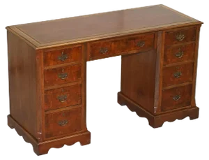 Antique Victorian Burr Walnut Twin Pedestal Partner Desk with Brown Leather Top
