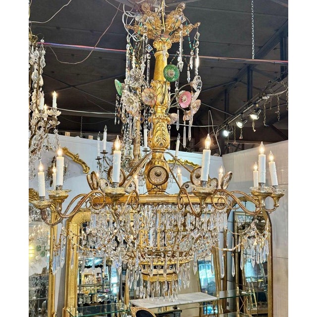 19th C. Italian Tuscan Giltwood and Crystal Chandelier For Sale