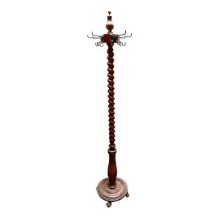 Antique Turned Oak Hall Tree Coat Rack With Adjustable Iron Hooks For Sale