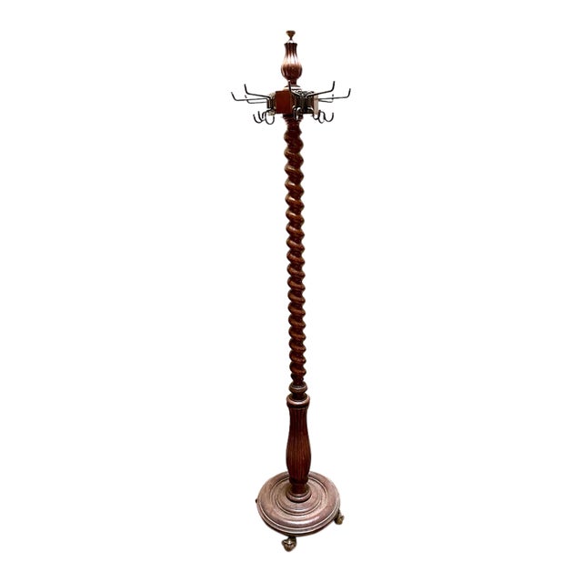 Antique Turned Oak Hall Tree Coat Rack With Adjustable Iron Hooks For Sale