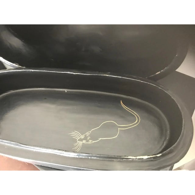 Wood Gold and Black Lacquer Vintage Wooden Cat Pillow Box on Stand For Sale - Image 7 of 9