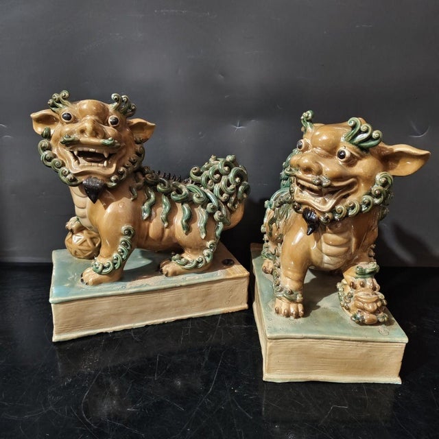 Vintage Shiwan Kiln Amber Glazed Foo Dogs on Pedestals - A Pair For Sale - Image 9 of 9
