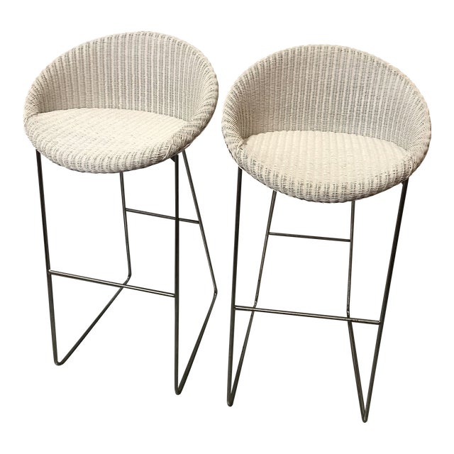 1990s Vincent Sheppard Wicker & Chrome BarHeight Stools a Pair