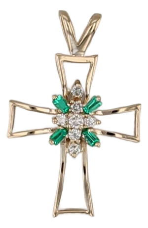 0.27ctw Emerald Diamond Cluster Open Cross Pendant 14k Yellow Gold