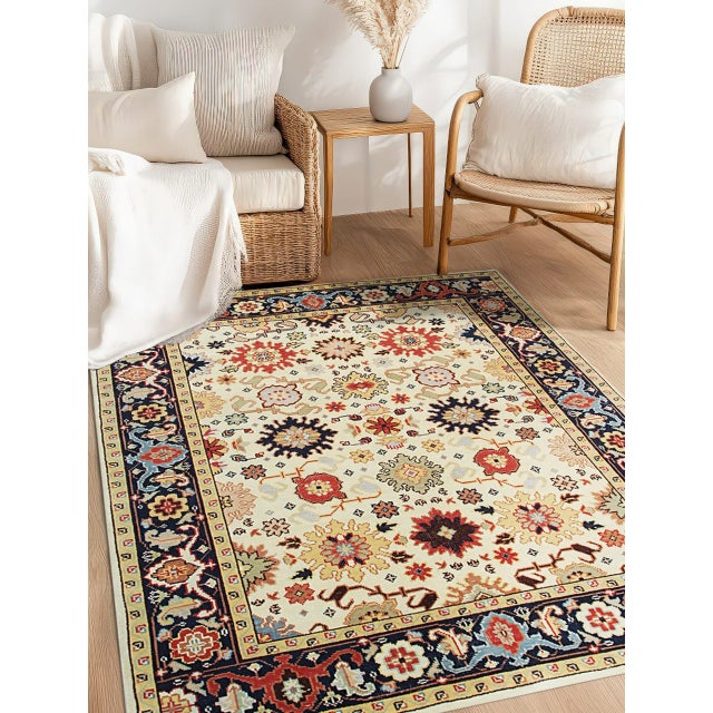 Indian 8x10 Violet Traditional Ivory Allover Floral Modern Handknotted Wool Carpet Rug For Sale - Image 3 of 8