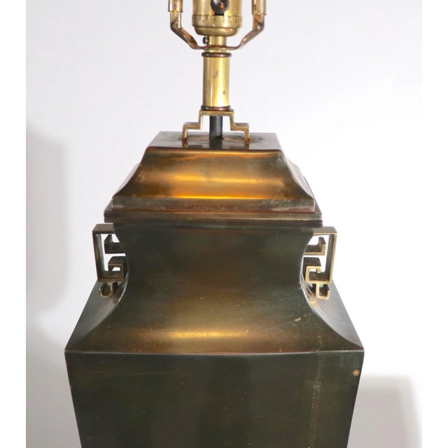 Chic Asia Modern, Chinese style table lamp in darkened green metal finish, with brass trim. Well crafted, and UL listed,...