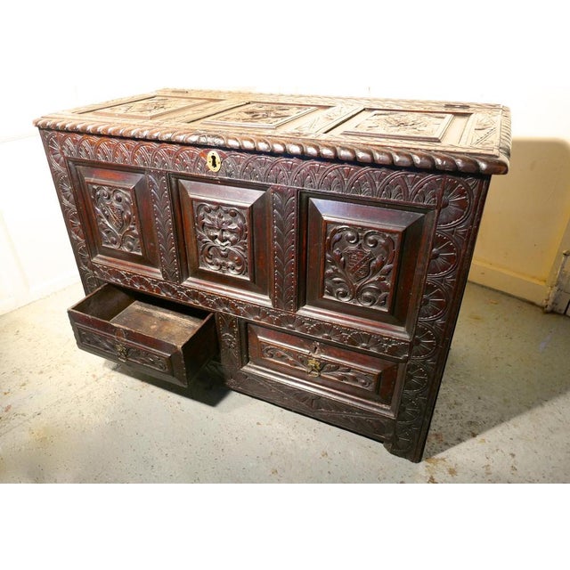 Large Carved Oak Mule Chest in Green For Sale - Image 13 of 14