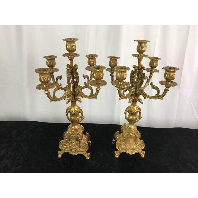 Mid-Century Italian Rococo Gilt Brass 5-Arm Candelabras - A Pair For Sale In Phoenix - Image 6 of 14