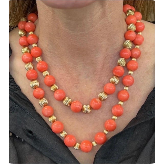 Signed Tiffany & Co. Vintage Natural Coral & Yellow Gold Bead Necklace, 38" Long For Sale - Image 16 of 18