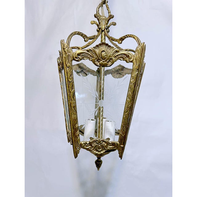 Traditional Vintage Bronze Lantern With Etched Glass Panels For Sale - Image 3 of 5