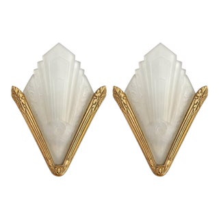 French Art Deco Brass & Frosted Glass Shield Shaped Wall Sconces - A Pair For Sale