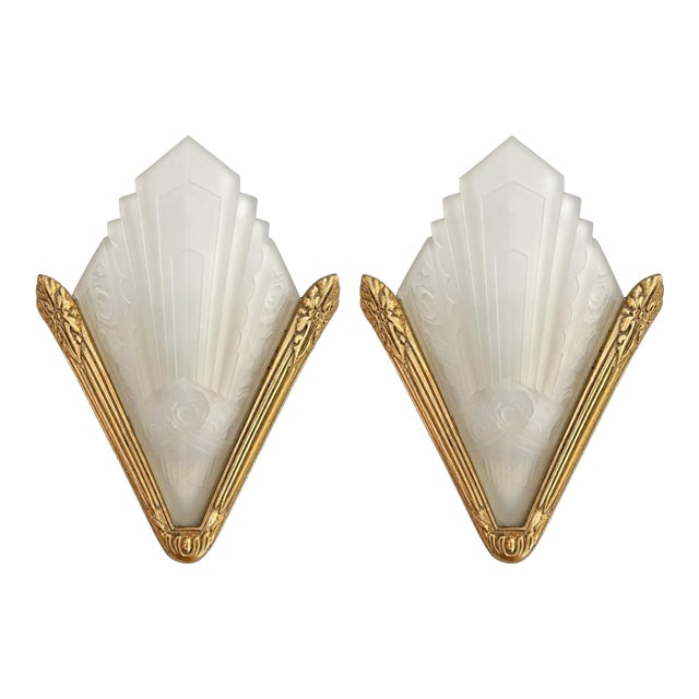 French Art Deco Brass & Frosted Glass Shield Shaped Wall Sconces - A Pair For Sale