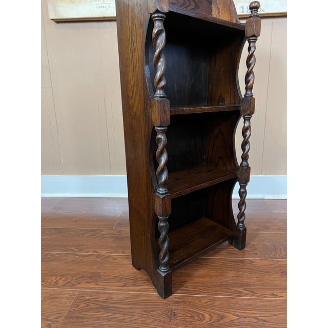 Petite Antique English Bookcase Bookshelf Barley Twist Tiger Oak Display C1920 For Sale - Image 13 of 18