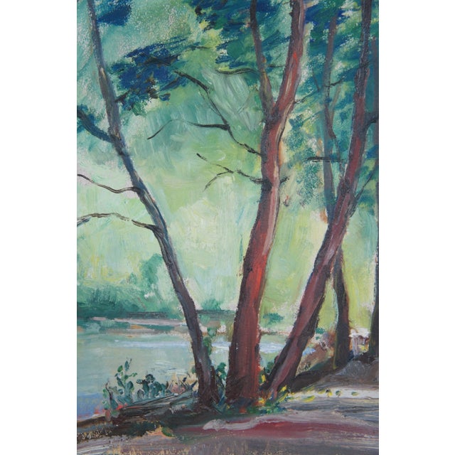 Green 1962 Vintage Elaine Donenfeld Impressionist Woodland Landscape Painting 29" For Sale - Image 8 of 12