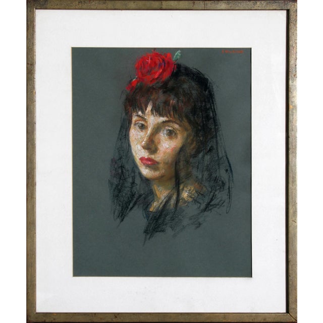 Figurative Thomas Strickland, "Lourdes With Red Rose", Framed Pastel Portait For Sale - Image 3 of 3