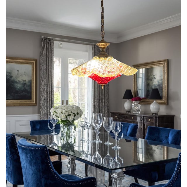 Vintage Murano Fazzoletto Art Glass “Fiore Di Fuoco” Amber Red Pendant Light For Sale - Image 12 of 18