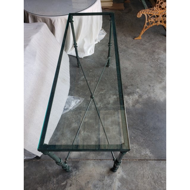 Heavy Wrought Iron Sofa Table or Sideboard. Original vintage green color with fitted thick glass top. 27.5 inches tall 17...
