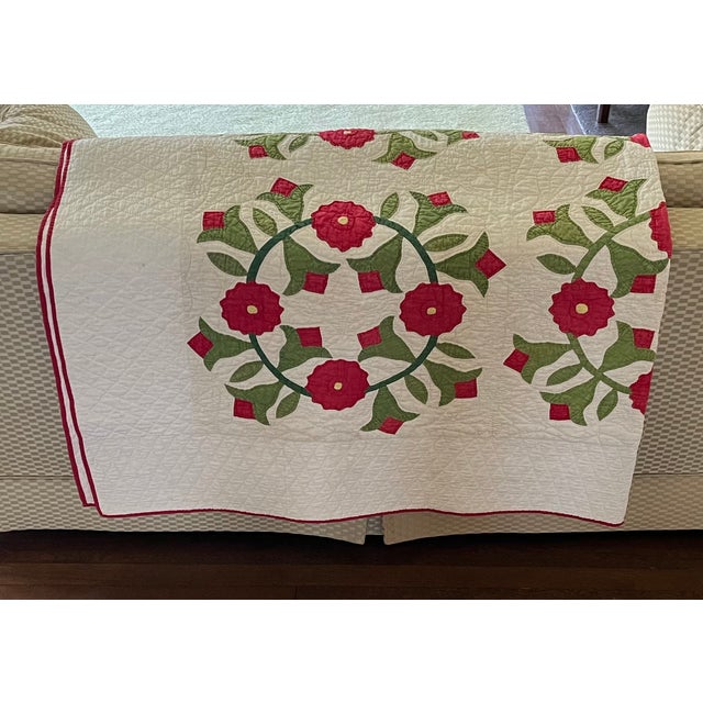 Antique Late 19th / Early 20th Century Hand Sewn Marriage Quilt With Rose of Sharon Wreaths For Sale In New York - Image 6 of 10